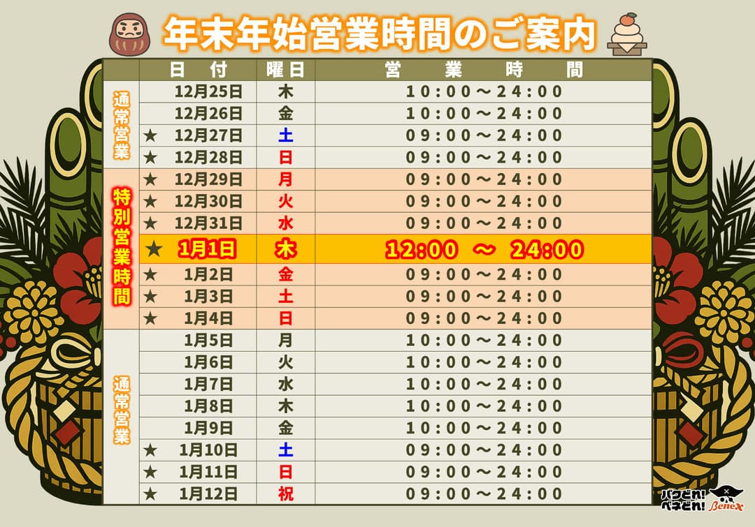 年末年始営業時間のご案内